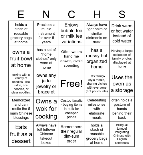 How Chinese Are You! Bingo Card