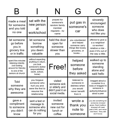 Acts of Kindness Bingo Card