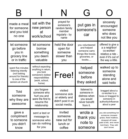 Acts of Kindness Bingo Card