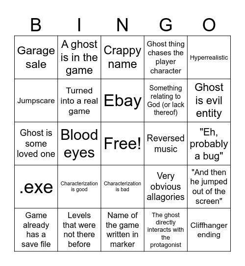 Video Game Creepypasta Bingo Card