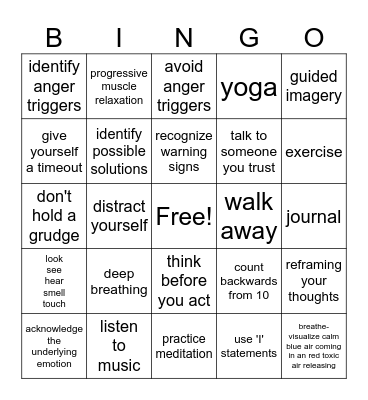 Coping With Anger Bingo Card