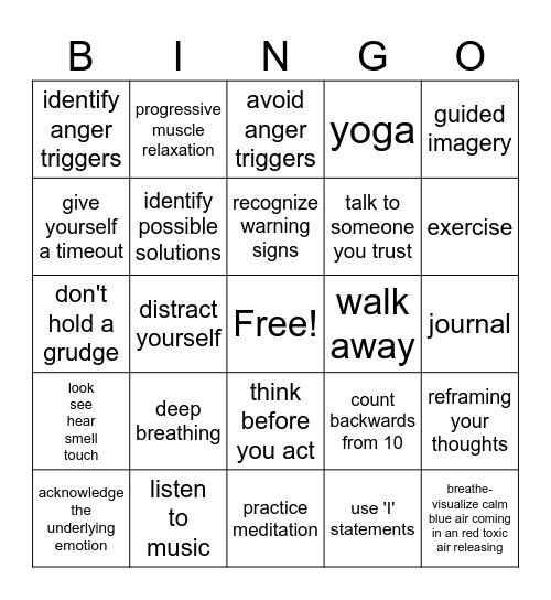 Coping With Anger Bingo Card