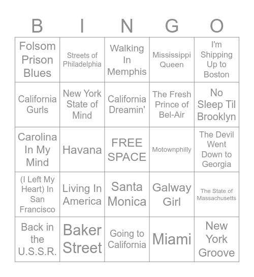 Music Bingo #48 Location, Location, Location Bingo Card