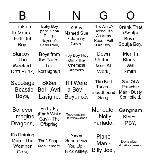 MUMBO BINGO: BOYS Bingo Card