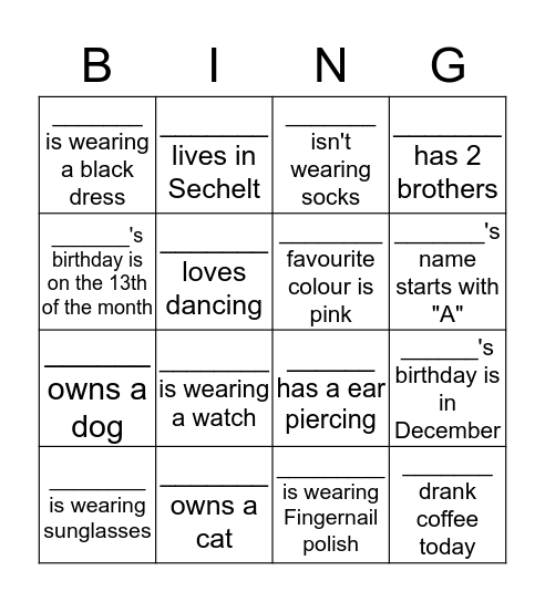 Abby's Party Bingo Card