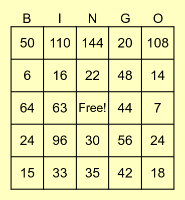 Multiplication Bingo Card
