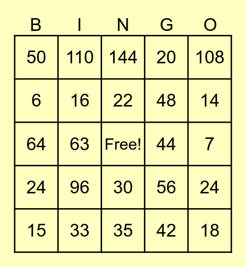Multiplication Bingo Card