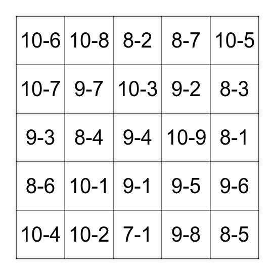 Subtraction Bingo Card