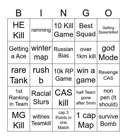 War Thunder Bingo Card