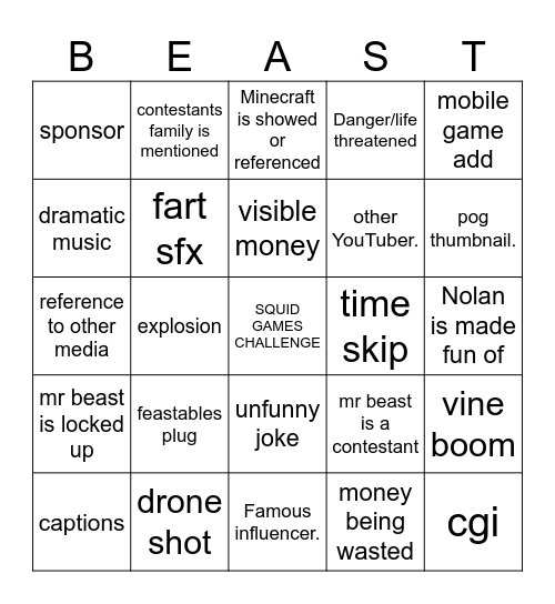 Mr Beast bingo Card