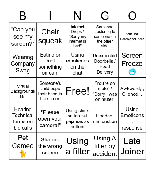 WFH Scenario Bingo Card