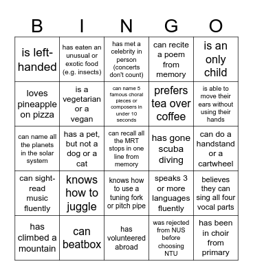 Choir Bingo Card