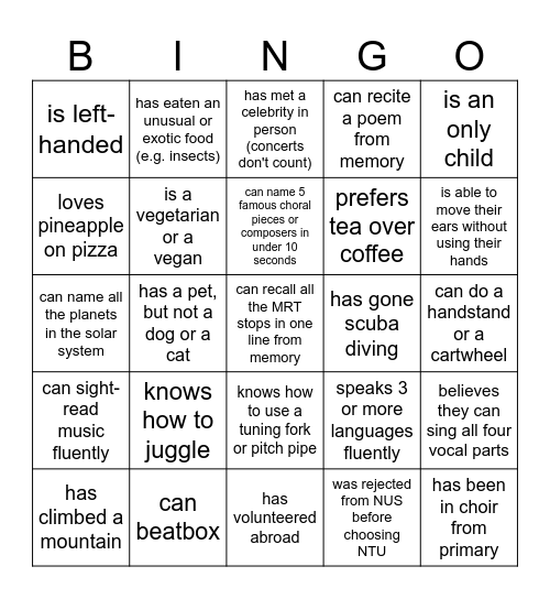 Choir Bingo Card