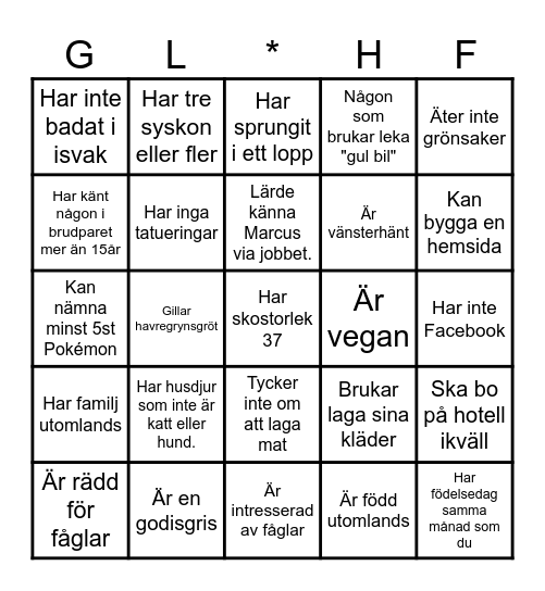 Fyll hela kortet! 1 person/ box, och inte dig själv. Lycka till med minglet! Bingo Card