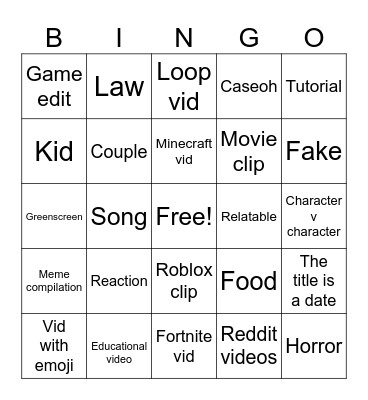 YouTube shorts Bingo Card