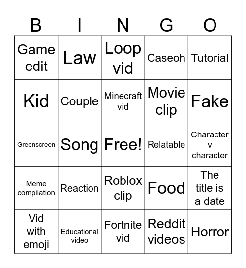 YouTube shorts Bingo Card