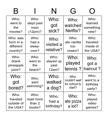 Back-to-School Bingo - What did you do over the holiday? Bingo Card
