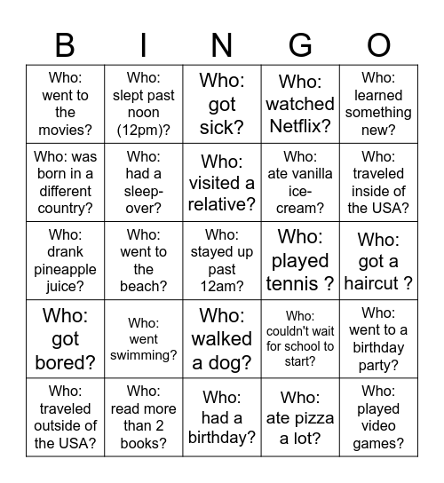 Back-to-School Bingo - What did you do over the holiday? Bingo Card