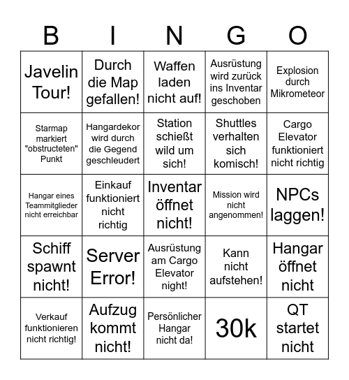 Star Citizen Bug Bingo Card