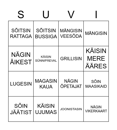 SUVE BINGO Card