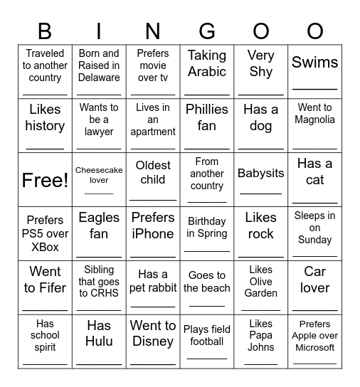 Get to Know You Bingo Card