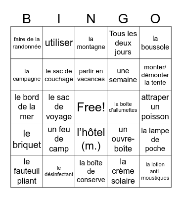 Le Camping et Les Vacances Bingo Card