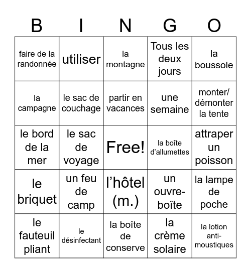 Le Camping et Les Vacances Bingo Card