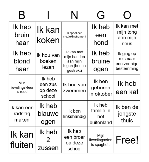 Ken je medeleerlingen! Bingo Card