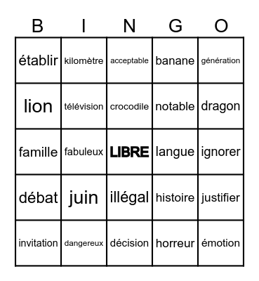 Les mots apparants Bingo Card
