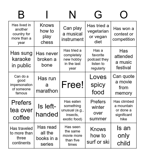 Ice Breaker Bingo Card