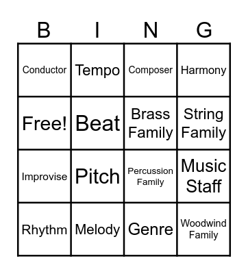 Music Vocabulary Bingo Card