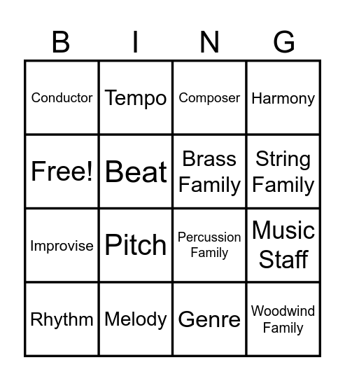 Music Vocabulary Bingo Card