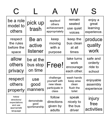 C.L.A.W.S. Matrix Bingo Card