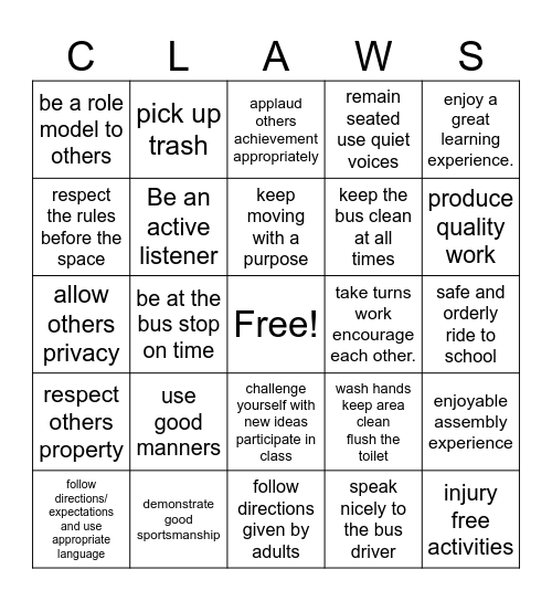 C.L.A.W.S. Matrix Bingo Card