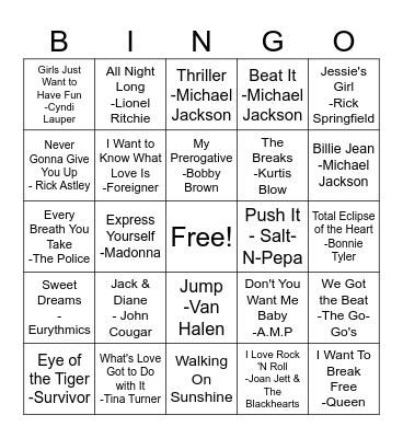 1980's Music Bingo Card
