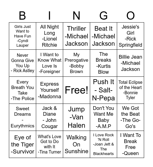 1980's Music Bingo Card