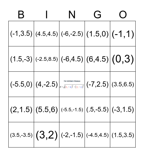 Distance Formula Bingo Card