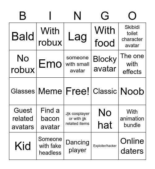 Roblox Bingo Card