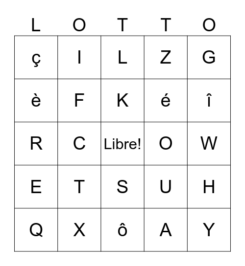 Alphabet & Accents Bingo Card