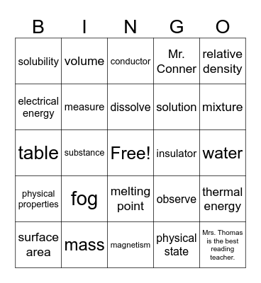 Mixtures and Solution Bingo Card