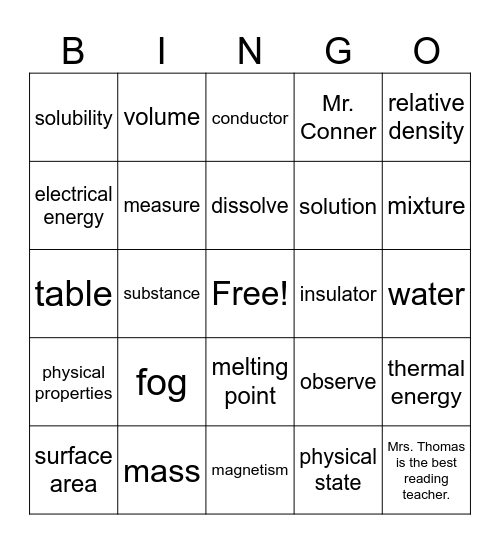 Mixtures and Solution Bingo Card