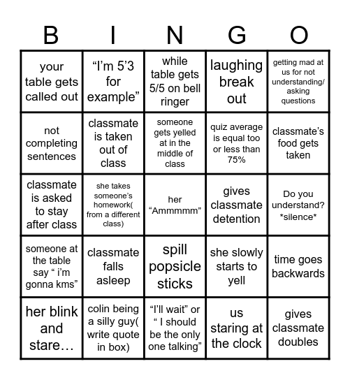 7th period bingo Card