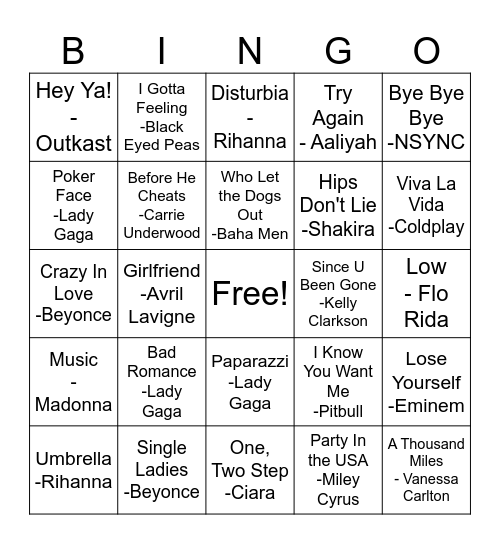 Early 2000's Music Bingo Card