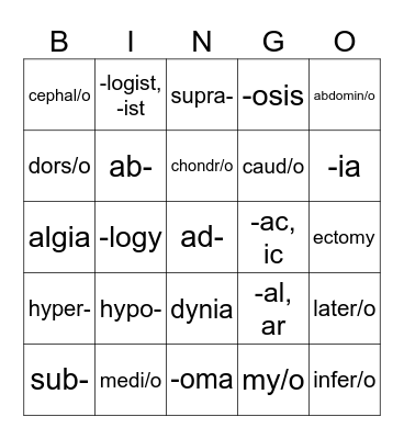 Medical Terminology Chapter 1 Bingo Card