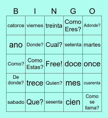 Spanish card 2 Bingo Card