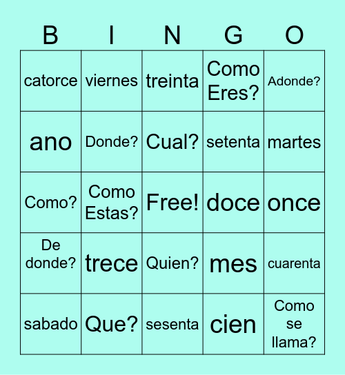Spanish card 2 Bingo Card