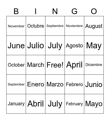 Los Meses de ano Bingo Card