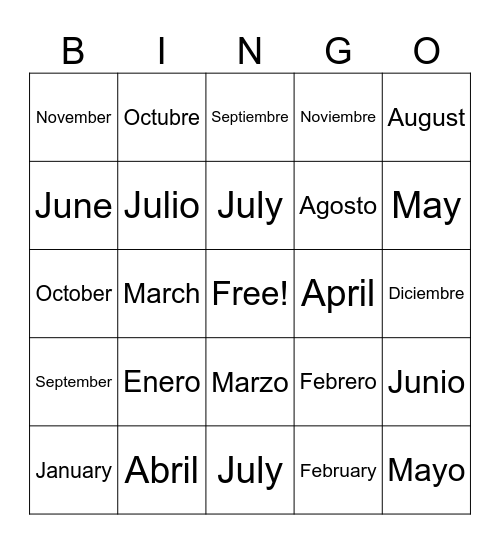 Los Meses de ano Bingo Card