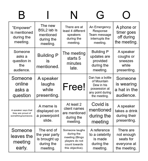 dept 07 bingo Card