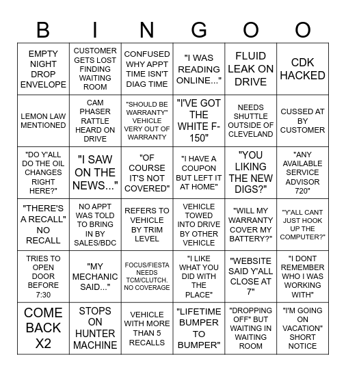 CF Bingo Card